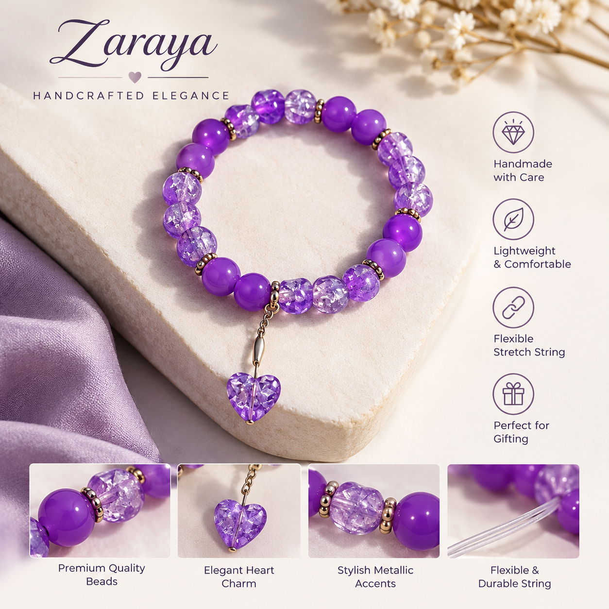 Purple Heart Charm Beaded Bracelet